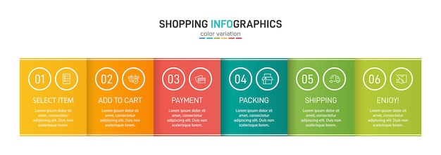 Timeline design with 6 successive steps colorful graphic elements of shopping process