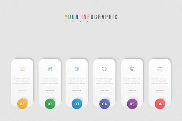 timeline infographic with six options, steps or processes. Colorful template design