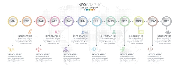 Timeline infographics design for 1 year, 12 months, steps or processes.