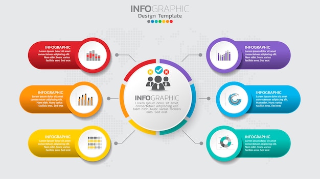 Timeline infographics template with 6 elements workflow process chart.