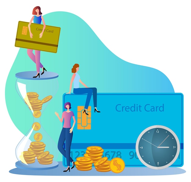 TimemanagementPeople hourglass and credit cardThe concept of time is moneyFlat vector illustration