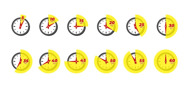 Vector timer and stopwatch icon set. kitchen cooking or fast express delivery time labels with different minutes. sport clock or deadline countdown vector isolated illustation