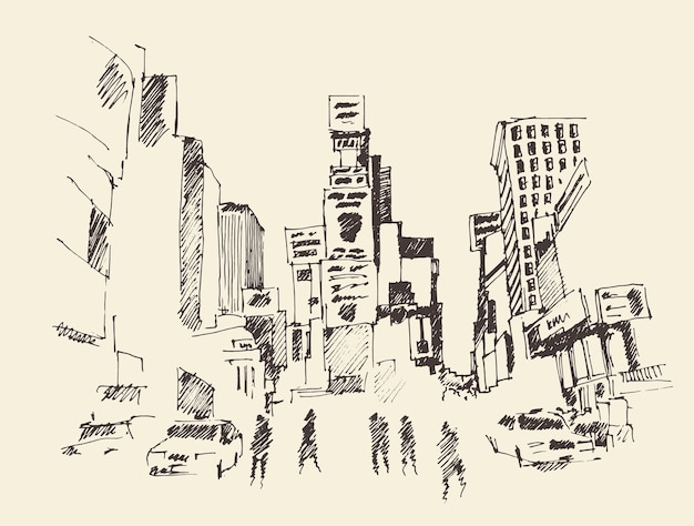 Times Square, street in New York city engraving vector illustration