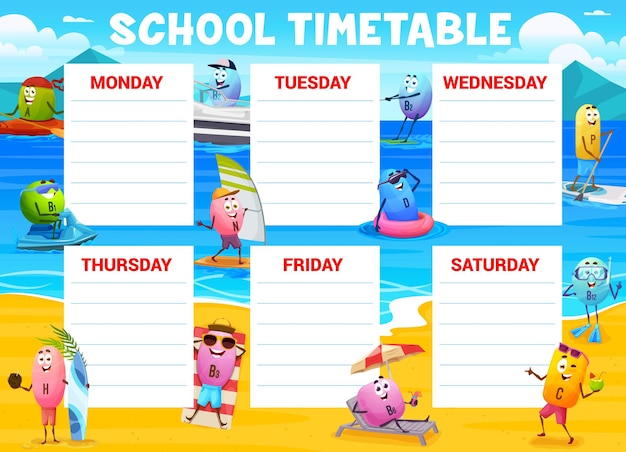 Timetable schedule with funny vitamins on vacation