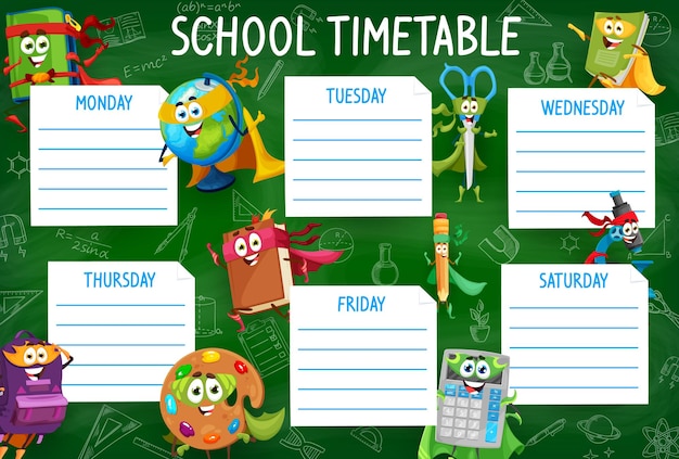 Timetable with school stationery funny characters