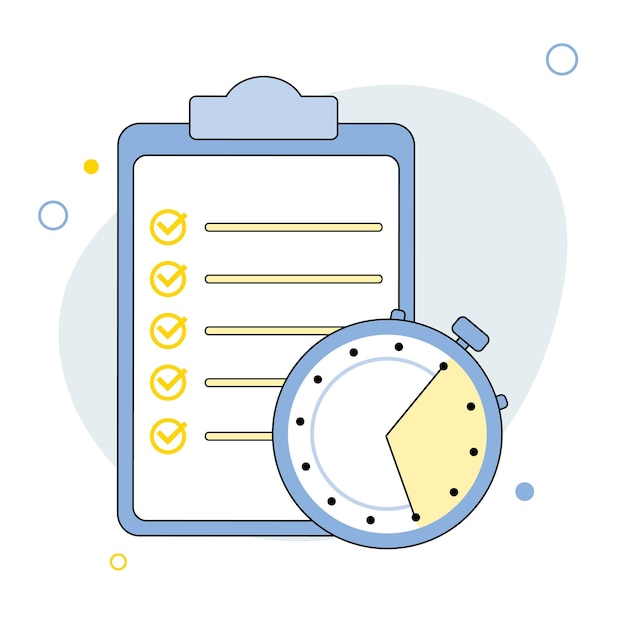 Timing concept with clock and checklist on clipboard Paper test with timer checklist exam concept illustration flat design