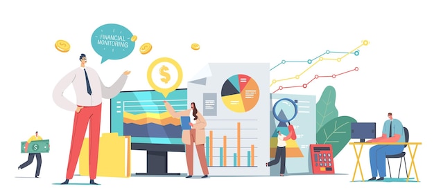 Tiny Business Characters Team Analysing Data and Research Financial Monitoring Report on Huge Dashboard. Finance Investment Performance Results, Working Meeting. Cartoon People Vector Illustration