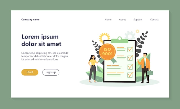 Tiny business people meeting quality control standards and getting certificate landing page