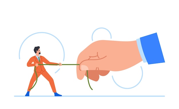 Tiny Businessman Character Pulling Rope Against The Giant Hand Of his Boss Tension Competition Fight Rivalry