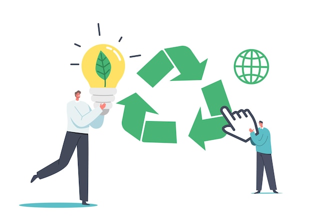 Tiny Businessman Character with Huge Light Bulb and Green Leaf inside, Man Click on Recycling Sign. Ecology Refresh and Renew Concept, Rework Strategy, Restart Project. Cartoon Vector Illustration