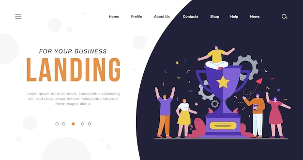 Tiny corporative winners celebrating victory flat landing page