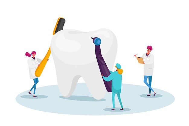 Vector tiny dentists characters checking huge tooth for caries hole in plaque