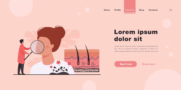 Tiny dermatologist examining dry face skin landing page in flat style