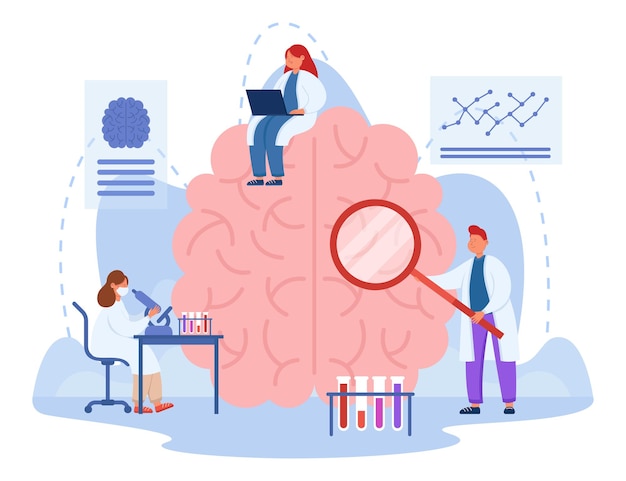 Tiny doctors examining human brain with magnifier. Male and female scientist in medical wear conducting experiments in laboratory, collecting data flat vector illustration. Research, science concept