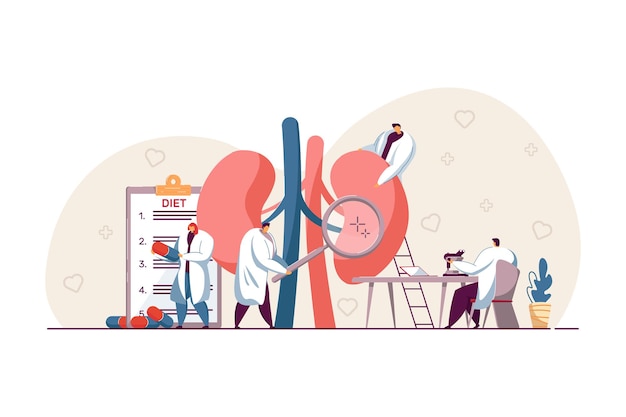 Tiny doctors examining kidneys flat illustration