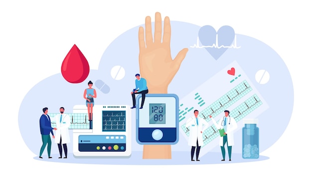 Tiny doctors measuring patient blood pressure with sphygmomanometer. High blood pressure. Medical examination and cardiology checkup. Hypotension and hypertension disease treatment