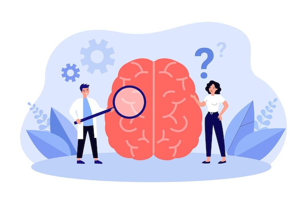 Tiny doctors studying human brain diseases. Male scientist holding magnifier for diagnostics flat vector illustration. Psychology, neurology concept for banner, website design or landing web page