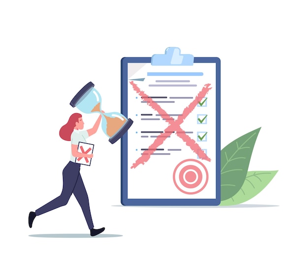 Tiny Female Character Run with Huge Sandglass and Paper Document with Red Cross. Office Employee Need to Rework Bad Work in Office. Mistake, Deadline Stress Concept. Cartoon People Vector Illustration