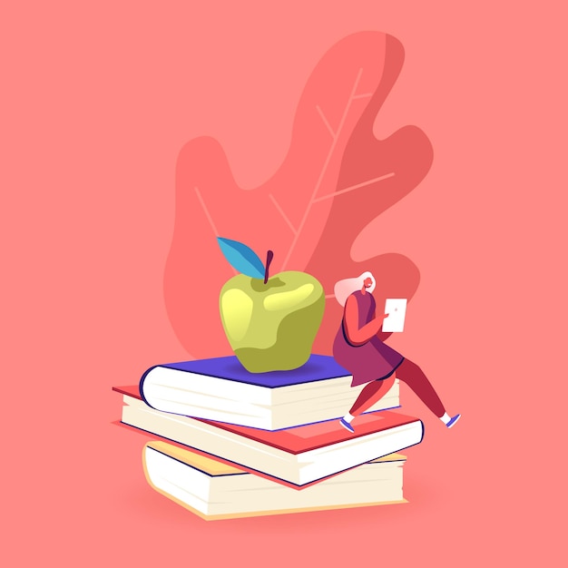 Tiny Female Character with Tablet Pc Sitting on Huge Book Pile