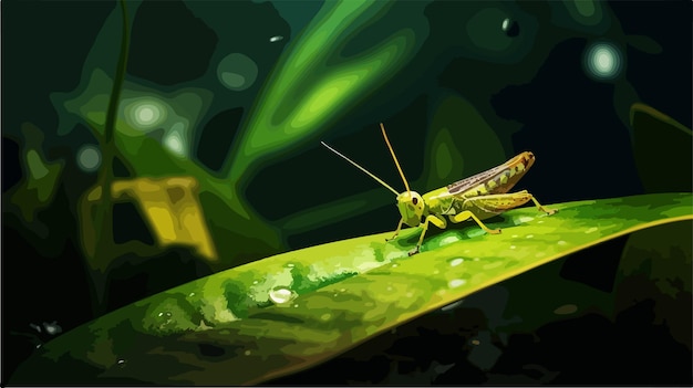 Vector tiny grasshopper perched on green leaf tip