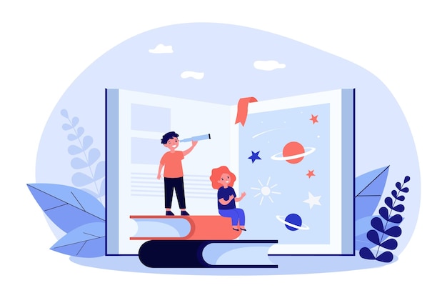 Tiny kids exploring universe with help of book. Adventure, planet, star flat vector illustration