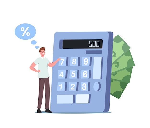 Tiny Male Character Counting Budget on Huge Calculator. Promissory Note, Loan Agreement, Debt Return Promise. Saving Money, Loan or Credit Financial Concept. Cartoon People Vector Illustration