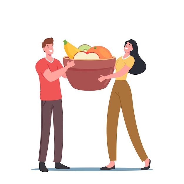 Tiny Male and Female Characters Holding Huge Bowl with Fresh Fruits for Health, Fortified Nutrition, Healthy Food for Skin Care, Vegan Eating, Ecological Nutrition. Cartoon People Vector Illustration