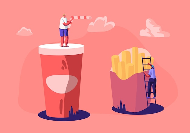 Tiny Male and Female Characters Interacting with Huge French Fries and Cup with Soda Drink.