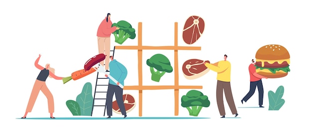 Tiny Male and Female Characters Playing Huge Tic-tac-toe Game with Healthy and Unhealthy Products Meat, Vegetables and Fast Food. Vegetarian and Meaty Nutrition. Cartoon People Vector Illustration