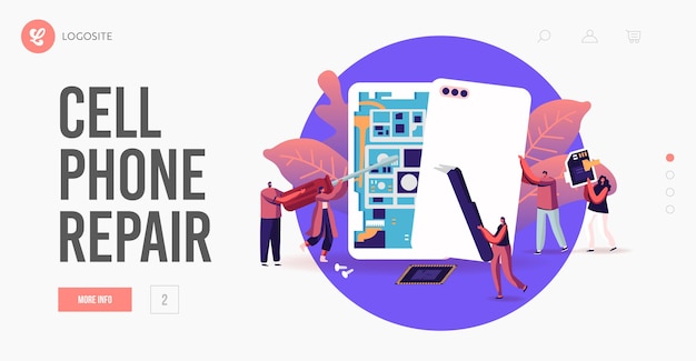 Vector tiny male and female characters with instruments assembling or repair huge smartphones landing page template. men and women fixing cellphone, assemble mobile phones. cartoon people vector illustration