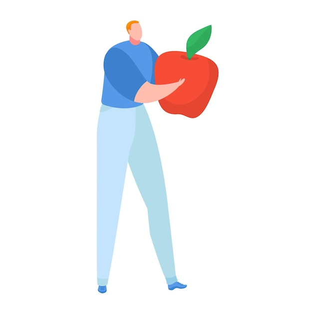 Tiny man character in hand hold juicy apple male carry ecology organic vegetable cartoon vector illu...