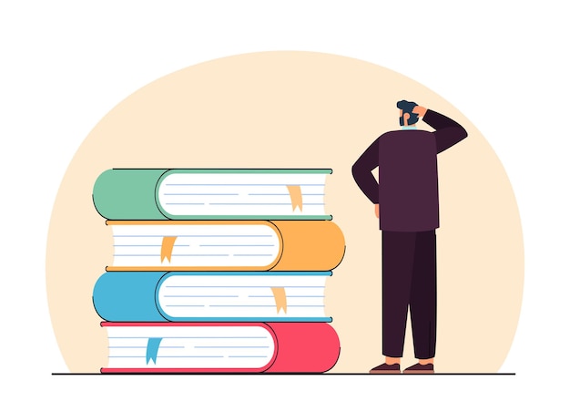 Tiny man in doubt standing near giant stack of books