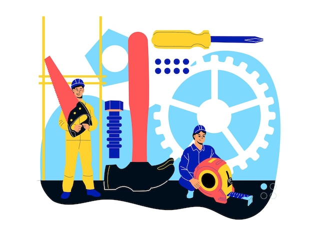 Tiny mechanics Workers in uniform breakage elimination process abstract construction object repairman with big tools workman with saw and tape measure vector isolated concept