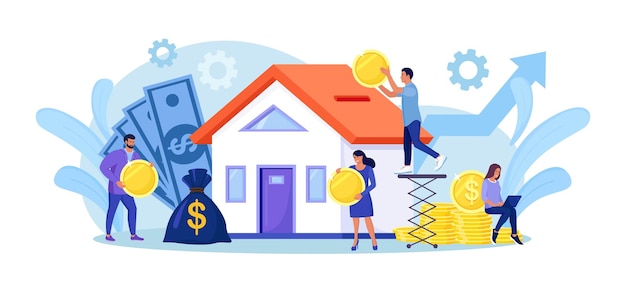 Tiny people buying house in debt. People investing money in property. Mortgage loan, ownership and savings. Home is like a piggy bank. Real estate investment, house purchase