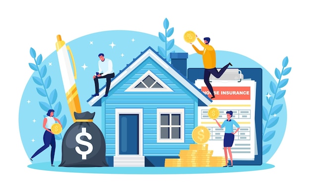 Tiny people buying house in debt. People investing money in property. Mortgage loan, ownership and savings. Real estate investment, house purchase