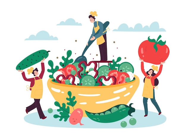 Tiny people cook salad Characters drag huge vegetables into large salad bowl Persons make vegetarian recipe Chefs put tomatoes or cucumbers in plate Healthy vitamin food Vector concept