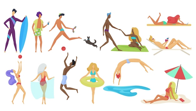 Tiny people and couples on summer vacation beach sport activities set