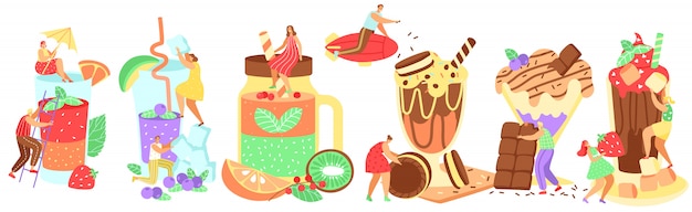 Tiny people making huge cocktails and desserts,   illustration