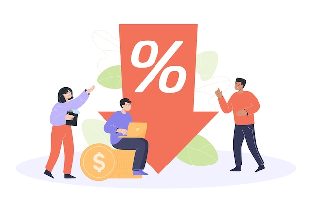 Tiny people near huge percent down arrow. Business people working together, analyzing decreasing of prices flat vector illustration. Sale, discount, loan, reduction concept