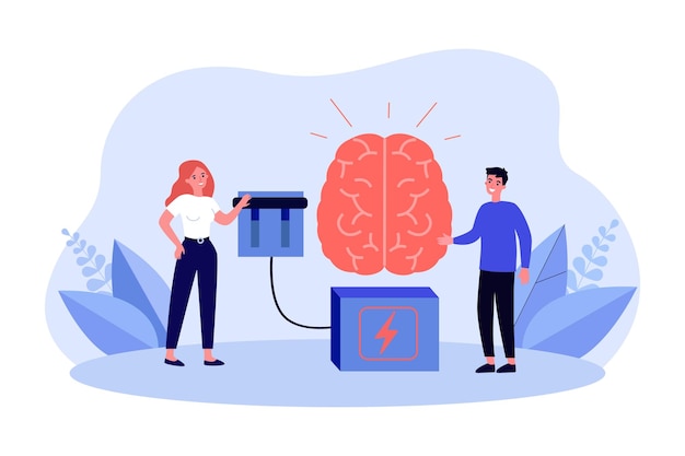 Tiny people pushing brain power switch with hand Bright shine of brain full of genius ideas flat vector illustration Innovation motivation concept for banner website design or landing web page