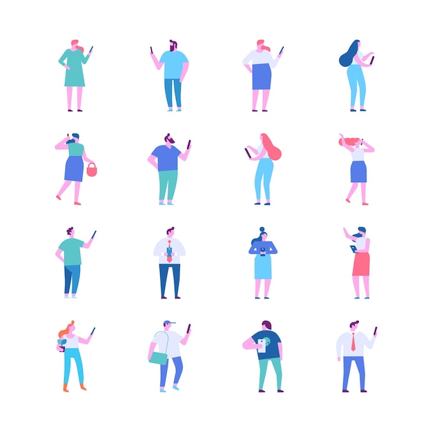 Tiny People silhouette holding phone in hand flat vector set