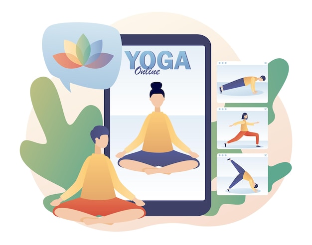 Tiny people watching online classes practicing hatha yoga meditation with smartphone app Yoga