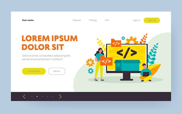 Tiny programmers programming website for internet platform flat vector illustration. Cartoon developers creating open code or script. Software development and digital technology concept