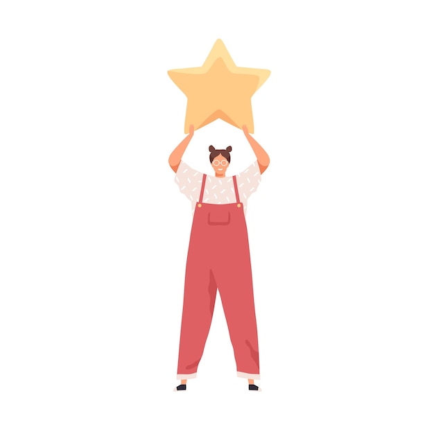 Tiny satisfied client giving feedback, holding golden star. Good rating, service assessment and positive customer experience concept. Colored flat vector illustration isolated on white background.