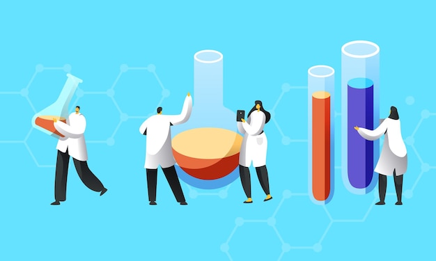 Tiny Scientists Characters in White Coats Conduct Experiments in Science Laboratory.