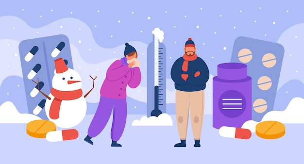 Tiny sick people suffering from cold allergy symptoms. Woman sneezing into tissue, man freezing due to low temperature flat vector illustration. Winter season disease, pharmacy, treatment concept