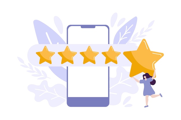 Tiny Woman satisfied customer give rating 5 stars on smartphone People feedback vector illustration by giving star