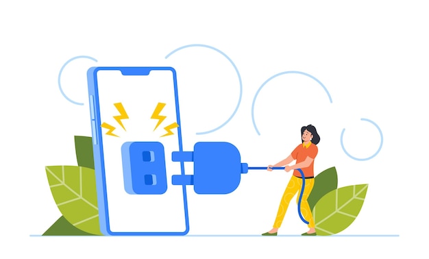 Tiny Woman Shutting Off Huge Phone Putting Aside Technology To Connect With The World Around Vector Illustration