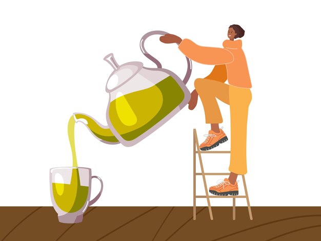 Vector tiny woman standing on step-ladder pours green tea from kettle into cup on table. tea ceremony