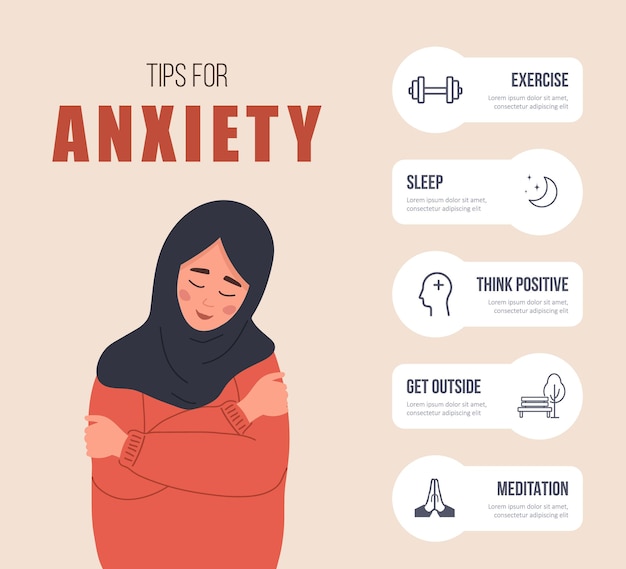 Tips for anxiety. Happy arab woman hugging herself. Mental health concept.